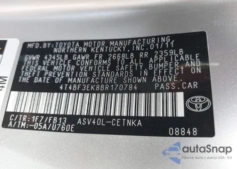 2011 Toyota Camry Le z USA, uszkodzony, nr VIN 4T4BF3EK8BR170784